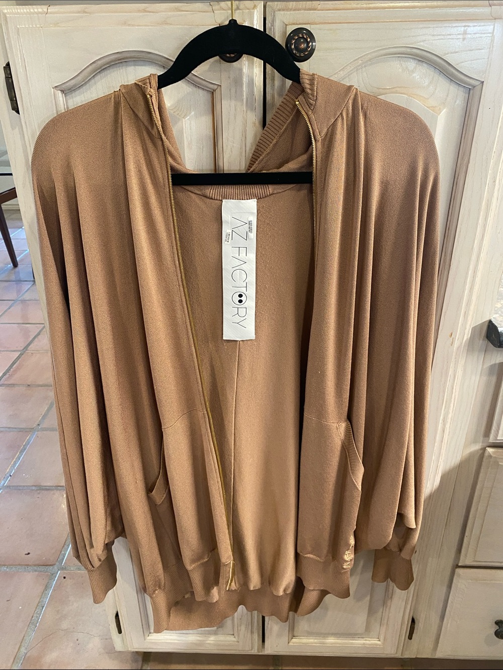 AZ Factory Women's Hooded Open-Front Cardigan in Camel